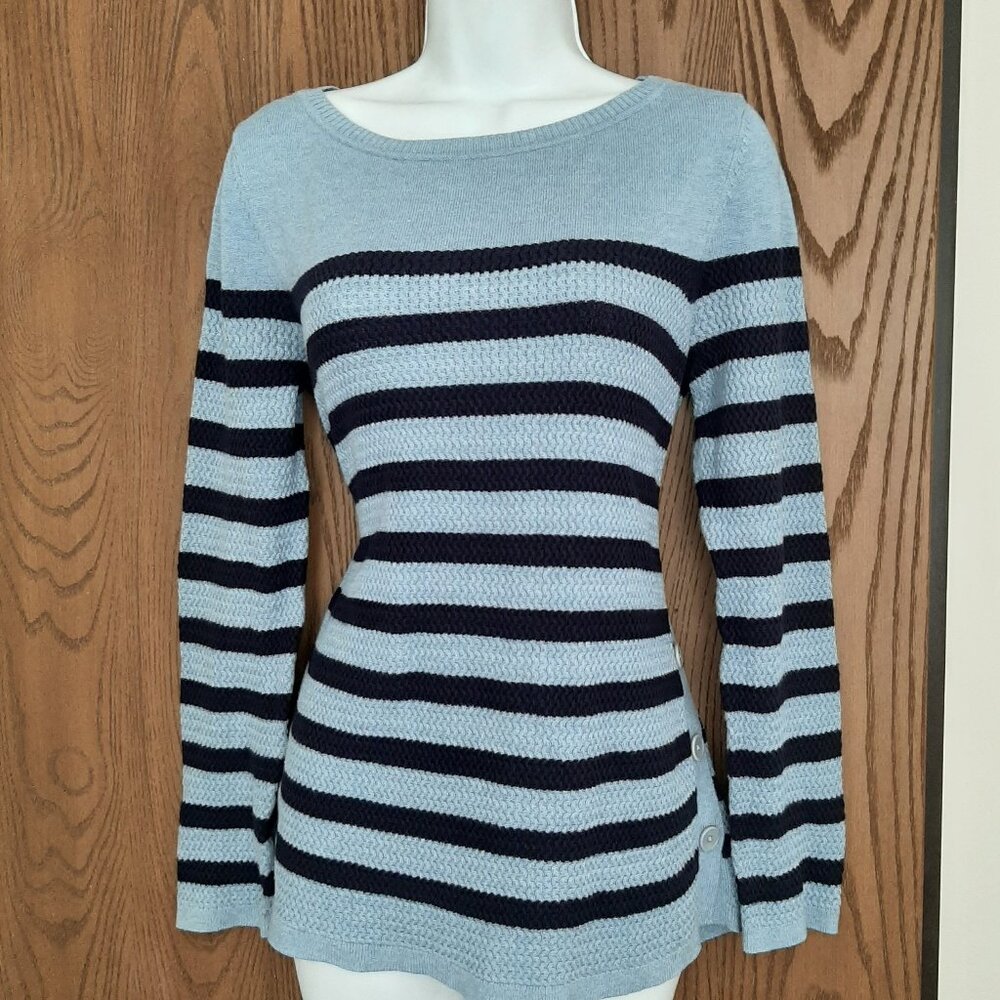 Talbots Women's Blue Black Stripe Knitted Pullover Sweater Medium Side Buttons